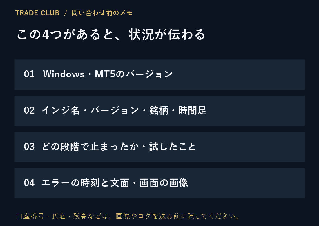 問い合わせに添える4項目。環境、インジ名と銘柄・時間足、症状と試したこと、エラー文。口座情報は隠す。