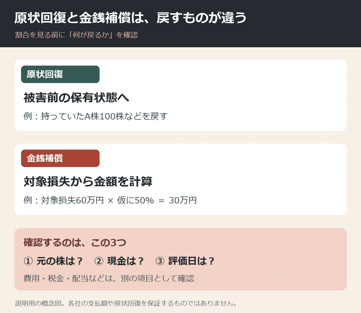 原状回復は被害前の保有状態、金銭補償は対象損失から計算した金額を戻すという比較図