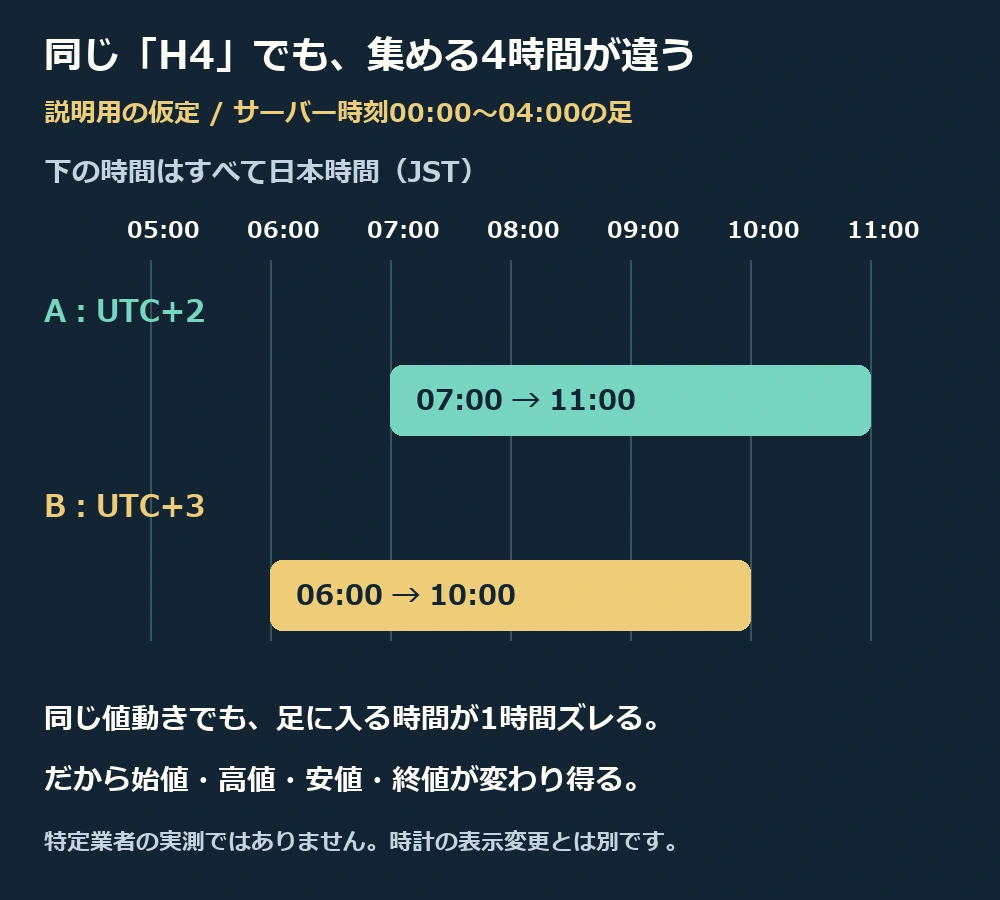 UTCプラス2のH4は日本時間7時から11時、UTCプラス3では6時から10時になる仮定例