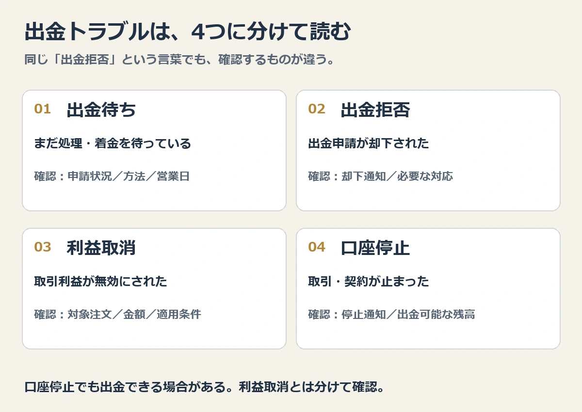 出金待ち、出金拒否、利益取消、口座停止は別の状態。それぞれ確認する記録が違う