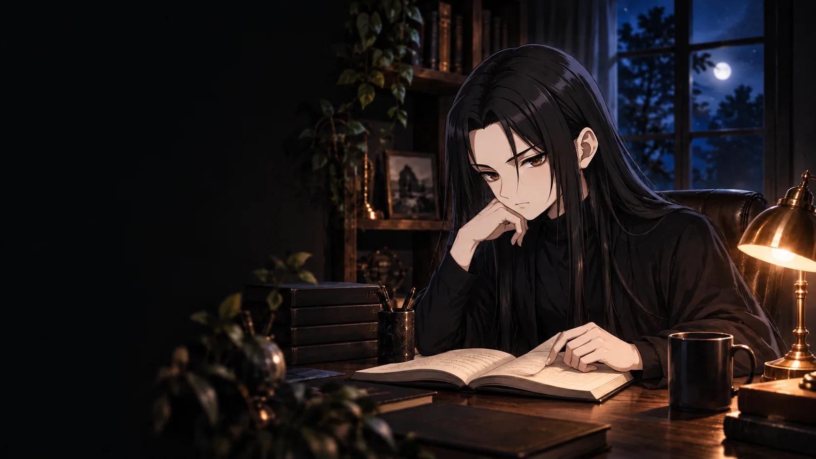静かな書斎で本を読むくらま
