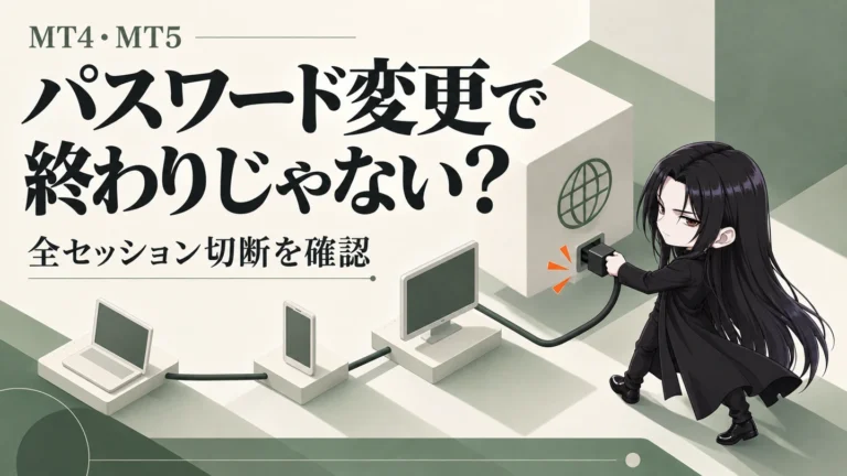MT4・MT5のパスワード変更後に全セッション切断を確認する。くらまの概念イラスト