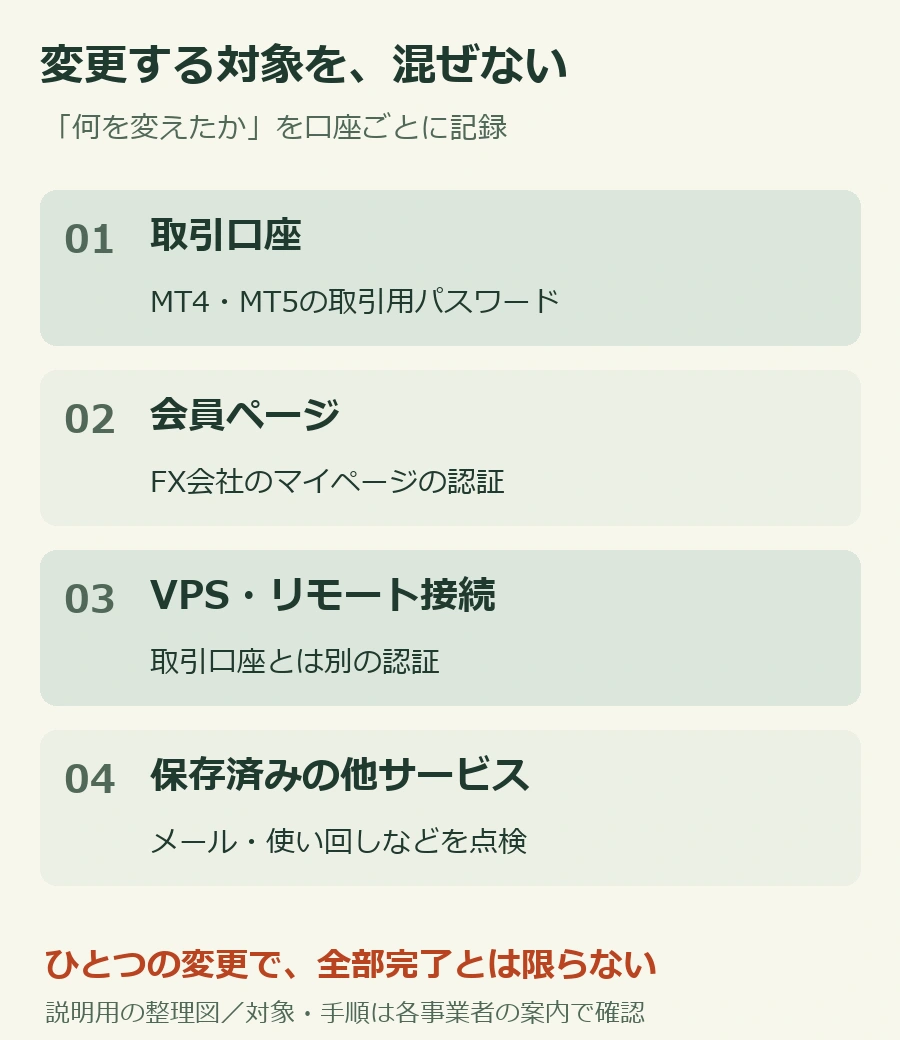 MT4・MT5取引口座、FX会社の会員ページ、VPSとリモート接続、保存済みの他サービスは別々の確認先として整理する