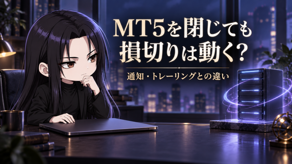 MT5を閉じても損切りは動く？くらまと閉じたPC、取引サーバーのイメージ