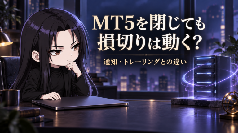 MT5を閉じても損切りは動く？くらまと閉じたPC、取引サーバーのイメージ