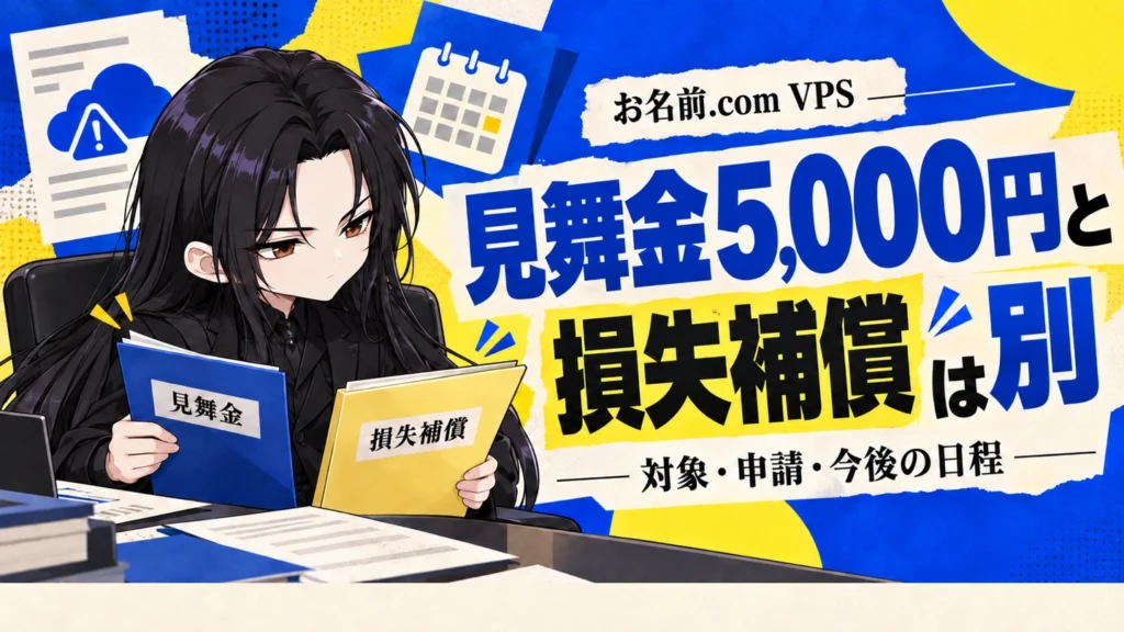 お名前.com VPSの見舞金5000円と損失補償は別。くらまが資料を確認するイメージ