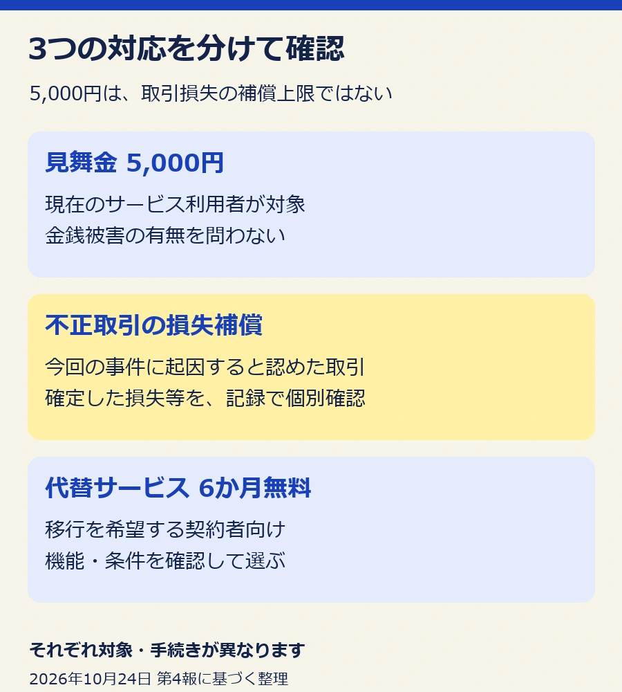 見舞金5000円、個別確認がある不正取引の損失補償、希望者向け代替サービスを分けた図